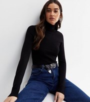 New Look Black Ribbed Knit Roll Neck Top